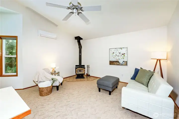 Vaulted ceiling area with a mini split for heating and air conditioning.