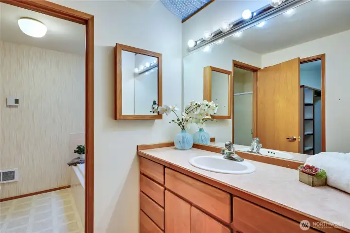 Vanity with separate room for shower, tub and bathroom.