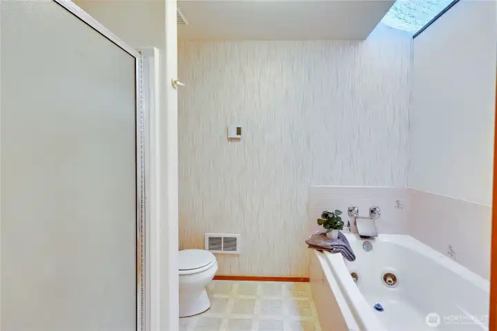 Jetted tub and shower stall.