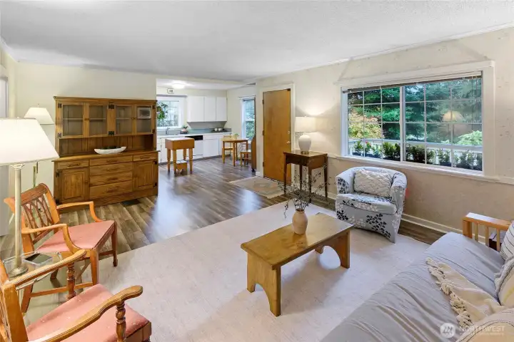 Living area looking into the kitchen.