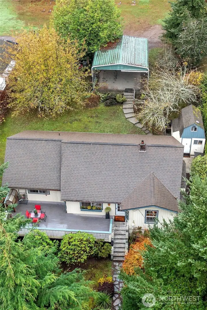 Ariel view of the house and car port.