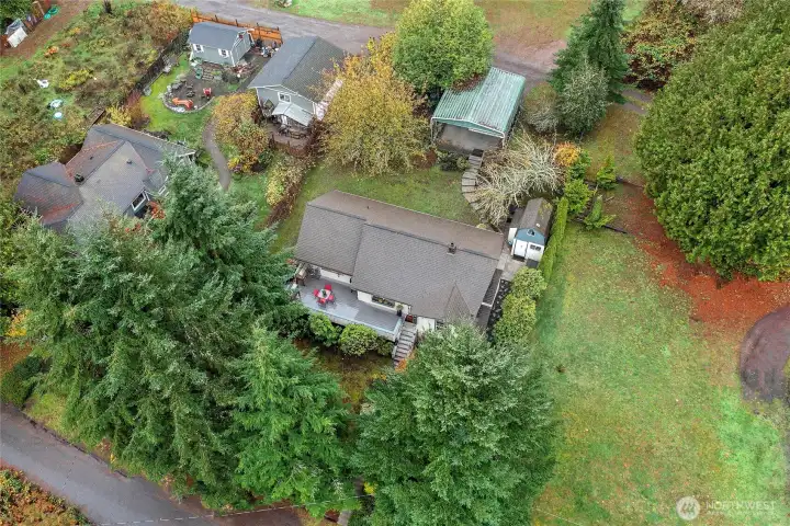 Ariel view shows the mature landscaping which provides beautiful privacy.