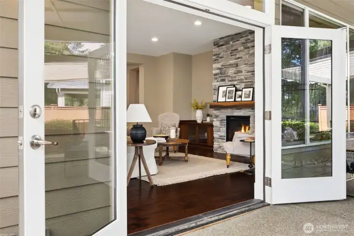 Dramatic French doors off living area