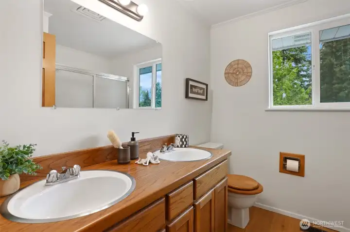 Bath at the top of the stairs.