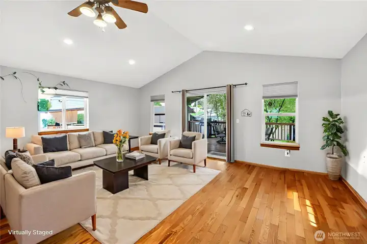 Great Room w/Vaulted Ceilings & Ceiling Fan virtually staged