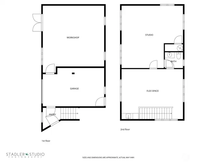 Upper and lower levels of garage plus studio/flex space.