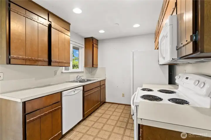 Looking into the kitchen from the dining area