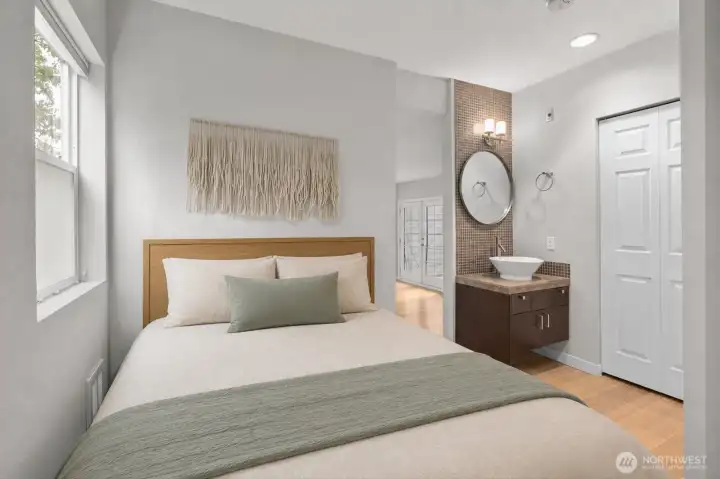 Bedroom suite with bathroom and two closets