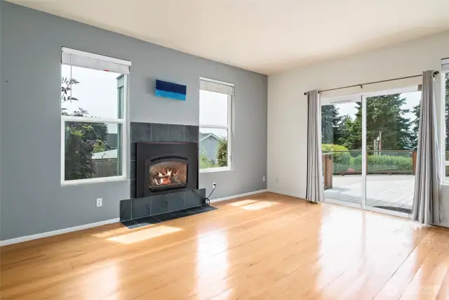 Yet another light filled space. This is the family room off the kitchen. Open the sliding door to enjoy indoor/outdoor living on the large view deck.