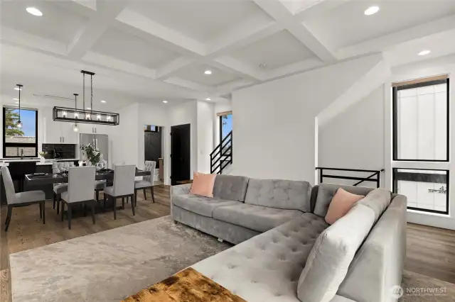 Living room with box beam ceilings