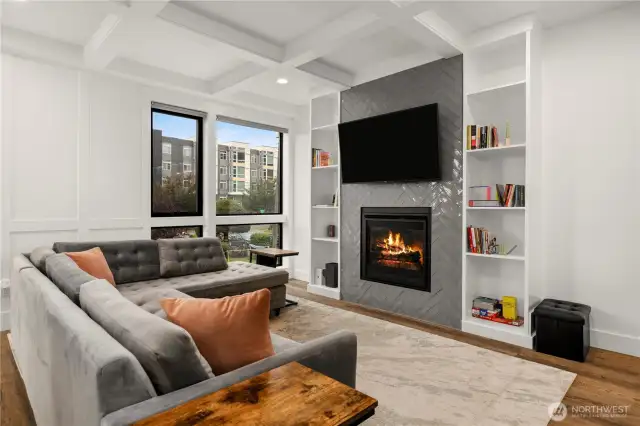 Living room with box beam ceilings