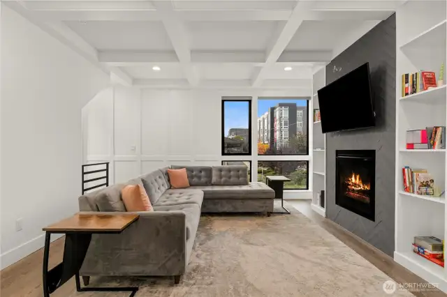 Living room with box beam ceilings