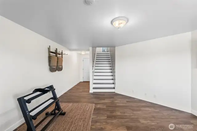 Downstairs bonus/living room. The door to the left leads to even MORE dry storage!