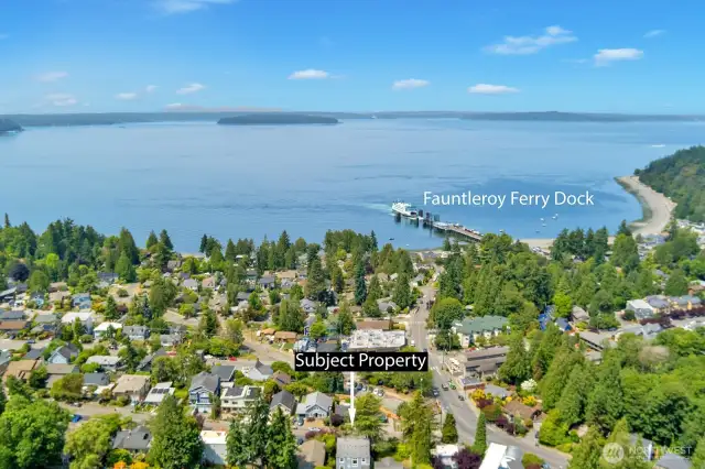 Aerial view looking towards Puget Sound and Fauntleroy Ferry Terminal
