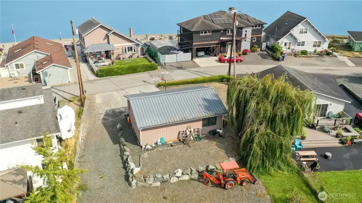 Aerial view house and garage