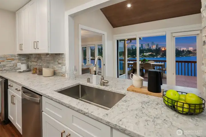 The kitchen has been opened to the living areas to enhance the views.