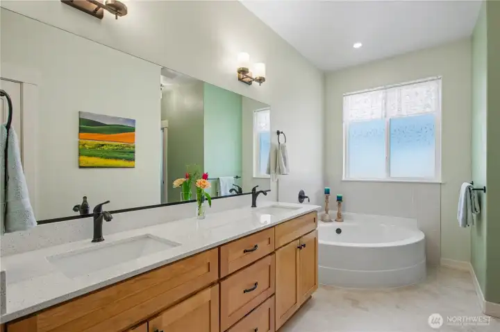 Copious sized primary bath that was remodeled (also permitted), there was a linen closet added, larger shower, redesigned the toilet room and access to the primary closet. Also added are the light fixtures, luxury vinyl flooring, new quartz counters & backsplash with undermount sinks.