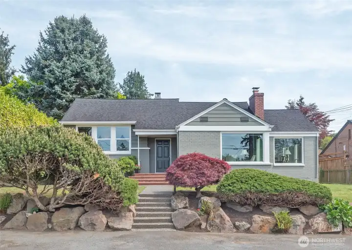 West facing home with parking for 6 in the front..