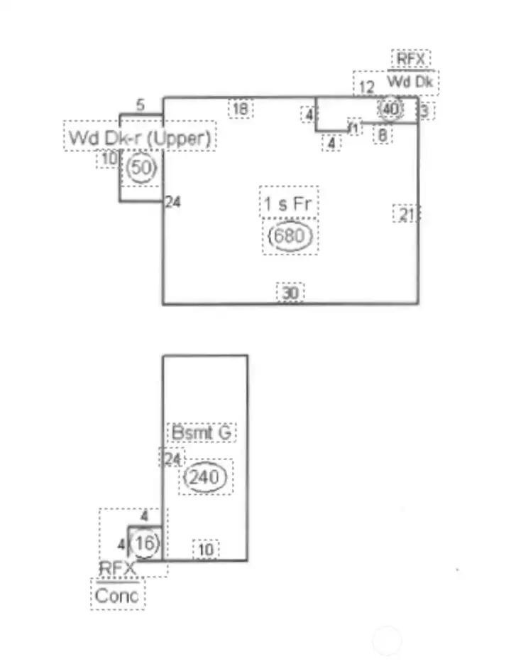This floor plan is from the Kitsap County Assessor's records showing the lower level garage space at 240 sq ft & the home above at 680 sq ft.  (The location of the balconey should be drawn toward the lower left of the home.