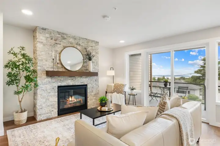 Gas fireplace overlooking sound view