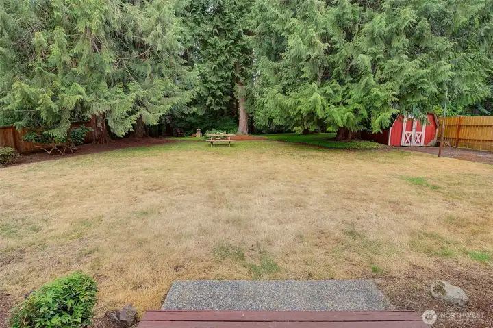 View from the deck --expansive sunny areas for play or gardening.