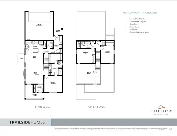 Photos, plans and elevations may be examples representing the community, community amenities, homes or artist’s renderings that may not accurately represent the actual condition of a homesite or home as constructed, and may also contain options and upgrades which are not included in the sale. Trailside Homes reserves the right to make changes to floor plans, specifications, dimensions, design and elevations without prior notice. Stated dimensions and square footage, if applicable, are estimated and should not be used as representations of the home’s actual size.