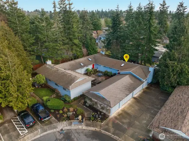 Aerial view of the garage connected to the house.