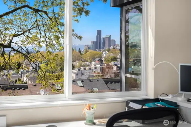 The amazing views from the upper floor home office include the soft calm provided by a grand big leaf maple tree