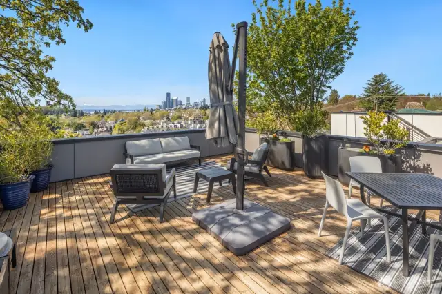 The cherry on the proverbial sundae is the huge, rooftop, 360 degree view deck.  With power outlets, plumbed for gas, and plumbed for water and raised bed irrigation, this is the ultimate location destination.  Enjoy westerly views of the city skyline and the Olympics, the top of Mt. Rainier to the south, and Lake Union and The Cascades to the east.  Whether it's a personal getaway or gathering spot in which to entertain and celebrate, the rooftop deck is a place where it's easy to feel on top of the world.