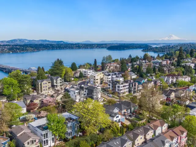 For context, here is a shot of the home as part of this beautiful, quintessential Seattle neighborhood framed by water and mountains.