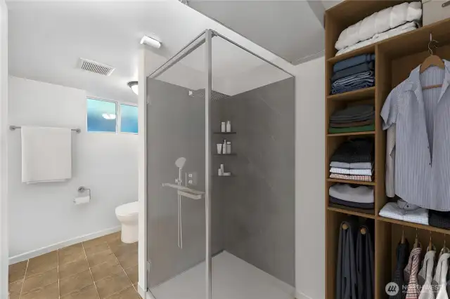 Primary bath with AI rendering of potential new shower and cabinet.