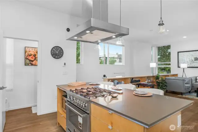 Quartzstone counters & island, Chefs Gas cooktop & hood + 1/2 bath