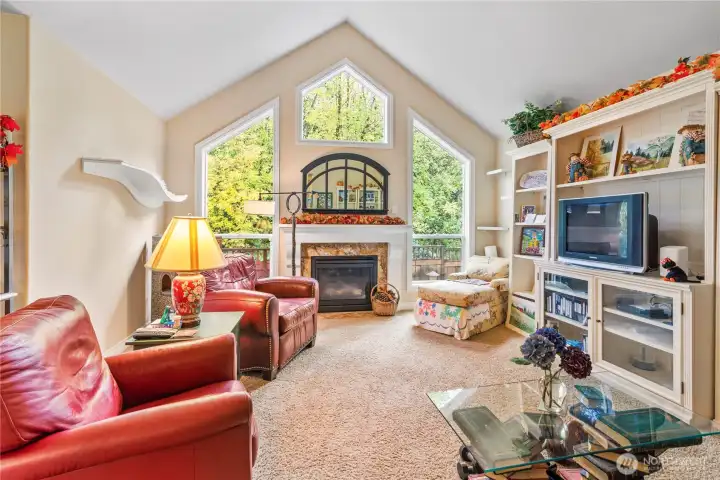 Living Room Facing Green Space, Ceiling Fan, Vaulted