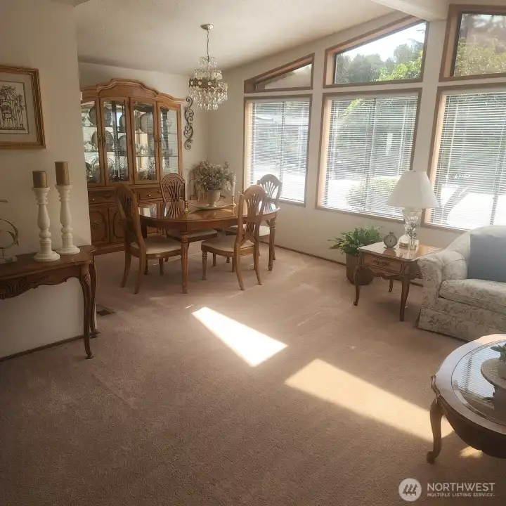 View across living room towards dining room.