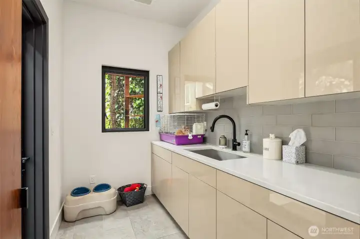Pet room with plenty of storage for your furry friend's needs plus private access to the dog run and a custom catio for your favorite feline to safely enjoy the outdoors!