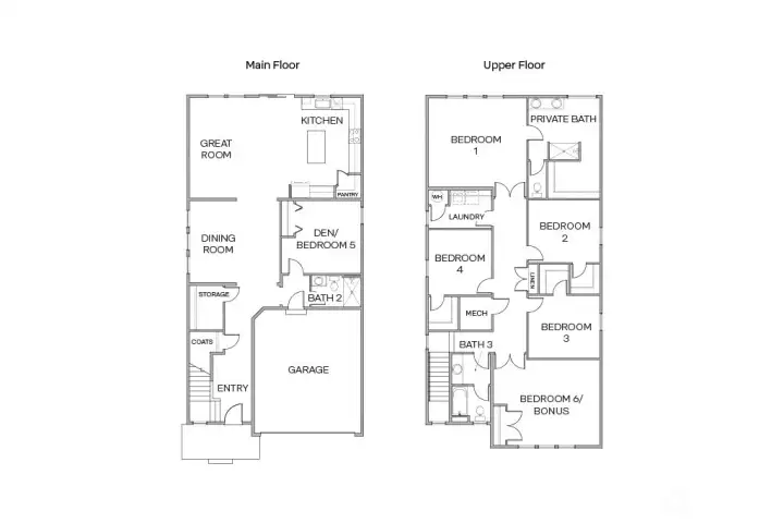 Floor plan of the Savannah S170 showcasing the main floor with great room, kitchen, dining room, den/bedroom 5, bath 2, and 2-car garage, plus the upper floor with primary suite and private bath, bedrooms 2-4, bedroom 6/bonus room, laundry, and bath 3.
