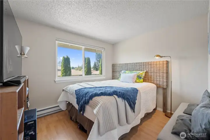 Versatile second bedroom with ample closet storage, perfect for a guest room, home media space, or private office