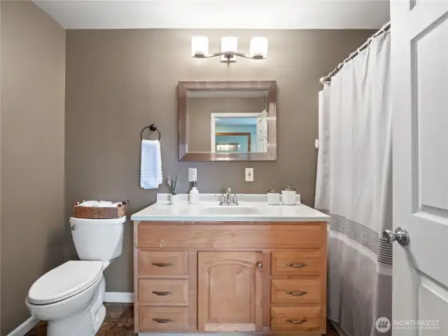 The full bathroom off the hallway between the dining and family rooms.