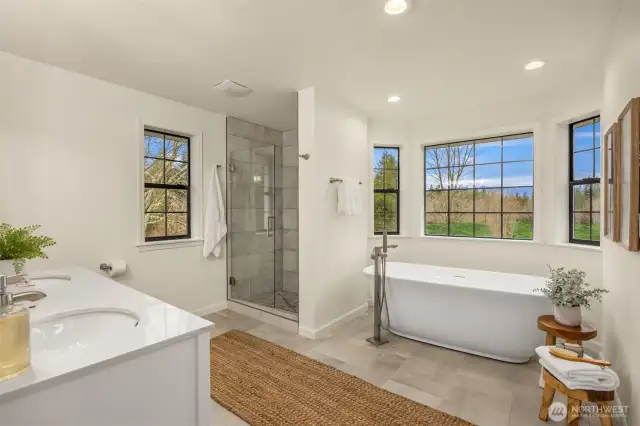 Spa like bathroom with Massive Olympic Mountain views from the upstairs en-suite bedroom