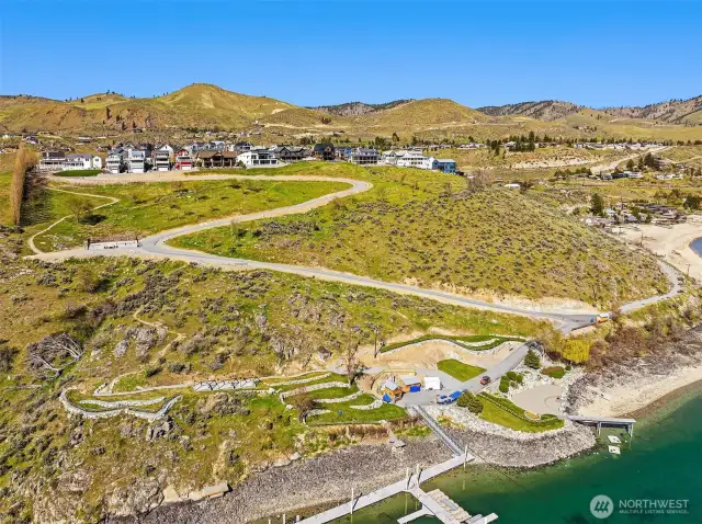 Aerial view of beach amenities and access