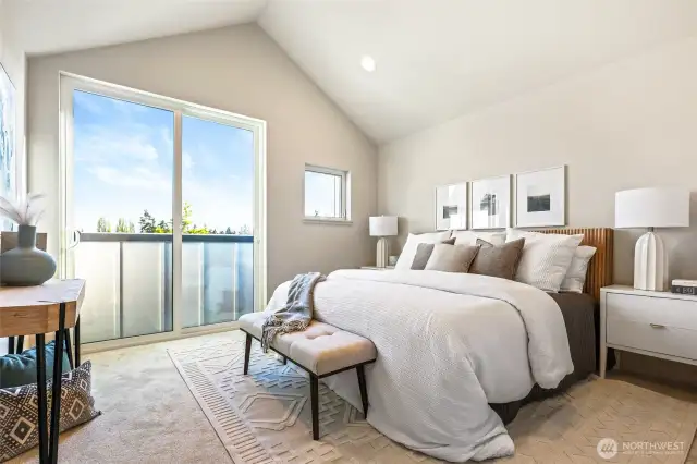 Your top-floor sanctuary awaits—vaulted ceilings, abundant light, and a private balcony that invites sunsets.