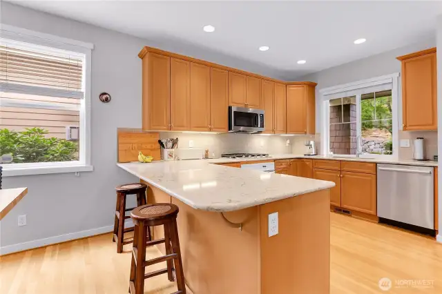 Quartz countertops also wrap around the kitchen, and there’s quartz dining bar which is a nice gathering place.