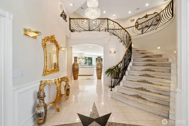 Marble Foyer with Crystal Chandeliers and grand staircase
