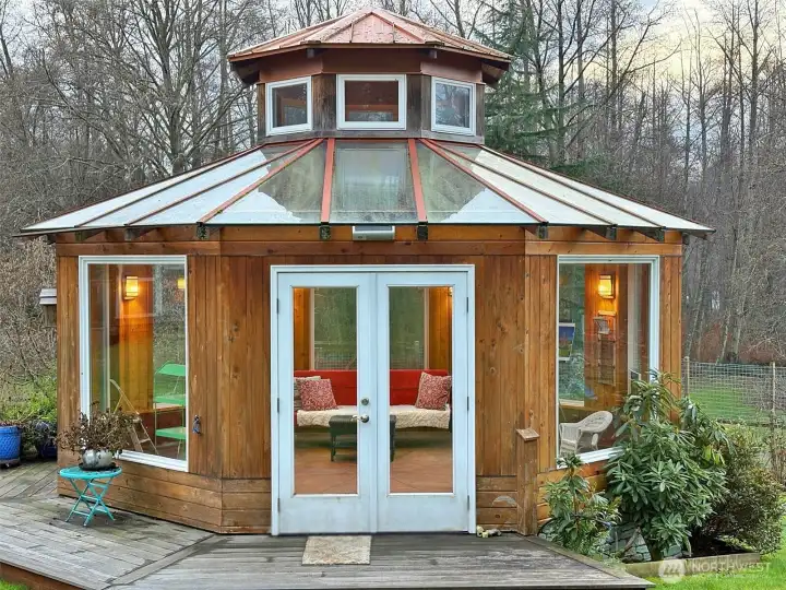 This fully enclosed Garden Gazebo sits inside 2/3 acre of deer-fenced garden space. Come inside, sit down, and imagine all seasons of indoor/outdoor living.