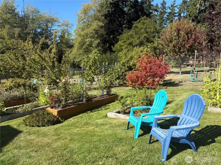Raised garden beds, and a small orchard.