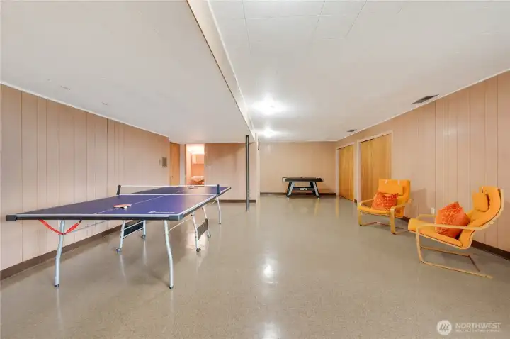 A fun and versatile second entertainment room on the lower level, complete with a cozy fireplace and plenty of space for games, lounging, and gatherings. Perfect as a lively rec room, teen hangout, or an inviting spot to host friends and family.