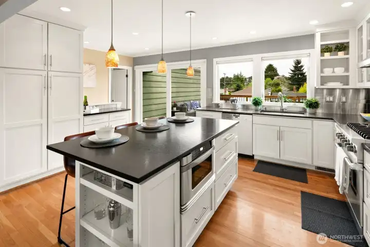 Microwave drawer, pantry closet, 8 ft. slider doors to large deck.