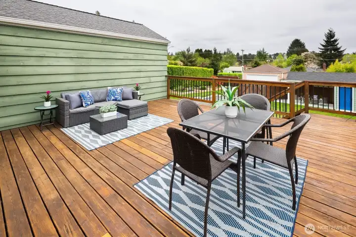 Expansive cedar deck ready for summer BBQ's.