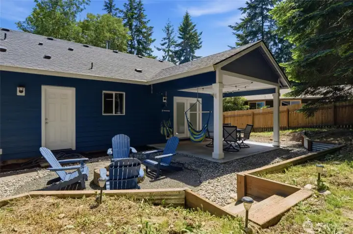Backyard, Fire pit, seating area and covered patio