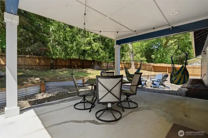 Charming covered patio with recess lighting